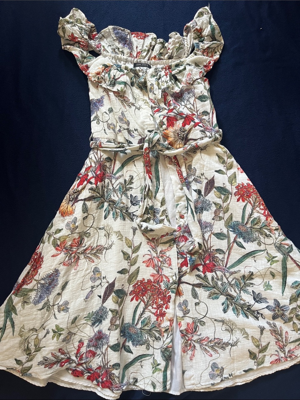 Zara  Floral Off-Shoulder Dress - White with Red, Green, Blue Print